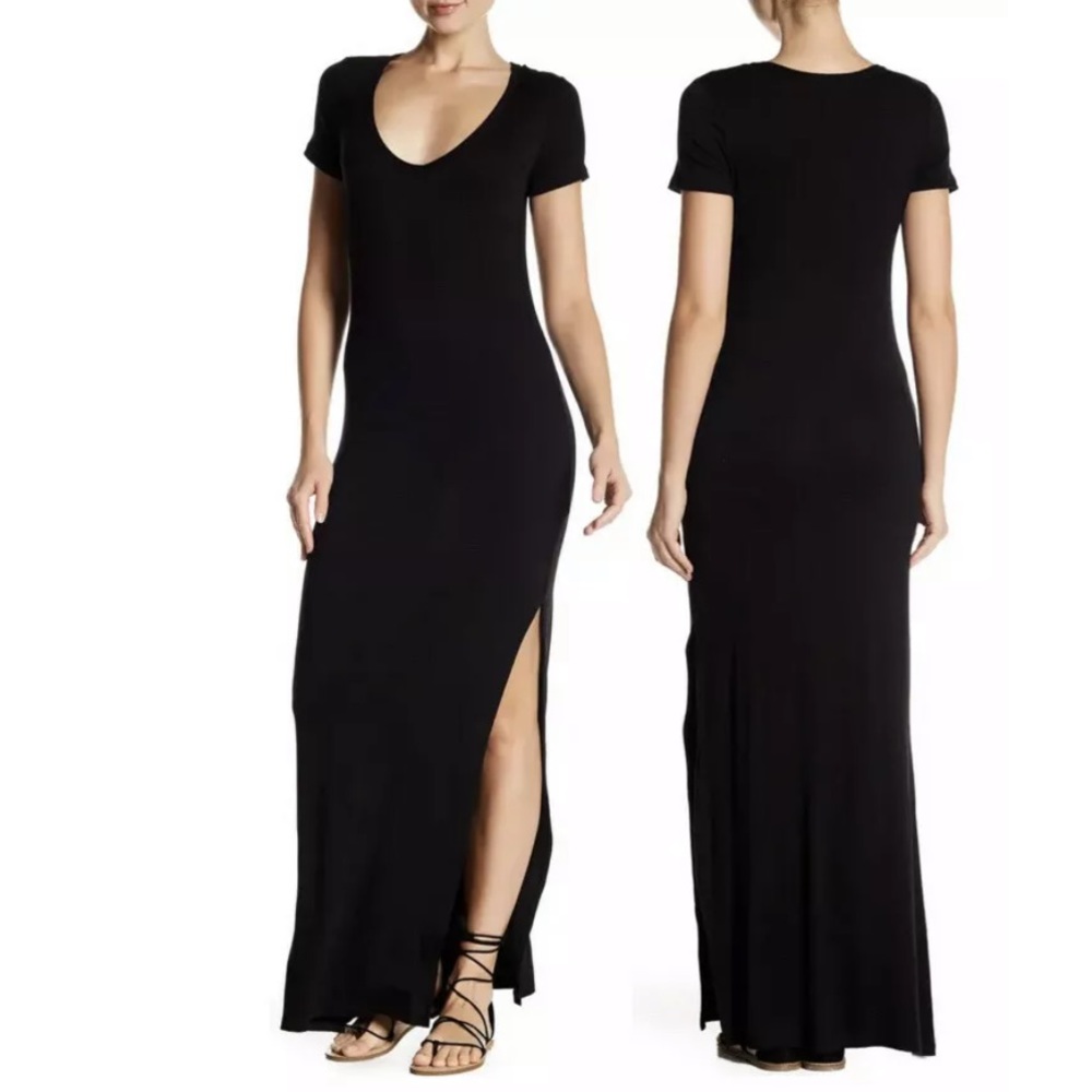 🆕 Nordstrom Velvet Torch Black V-Neck Maxi T-Shirt Dress w/ Side Slits Size XS
